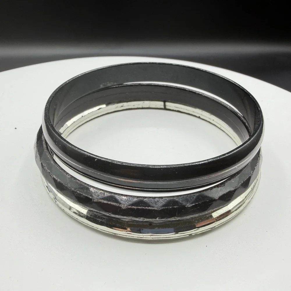 Black Silver Tone Bangle Bracelet Set of 3 Faceted Stackable Chunky Gothic Y2K